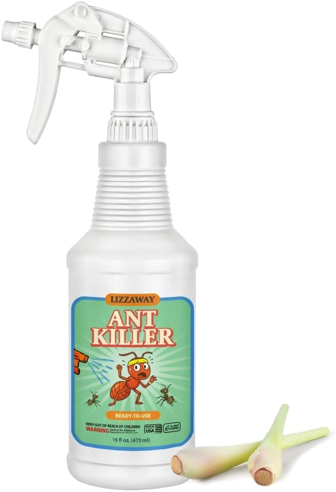 LizzAway Ant Killer Spray Indoor Outdoor Use - Plant-Based Formula with Lemongrass Oil and Geraniol - Kid & Pet Safe Ant Killer Spray - Natural Ants Repellent and Prevention for Home, Car, & Outdoors