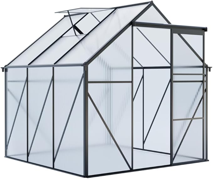 6x6 FT Polycarbonate Greenhouse Raised Base and Anchor Aluminum Heavy Duty Walk-in Greenhouses for Outdoor Backyard in All Season Black