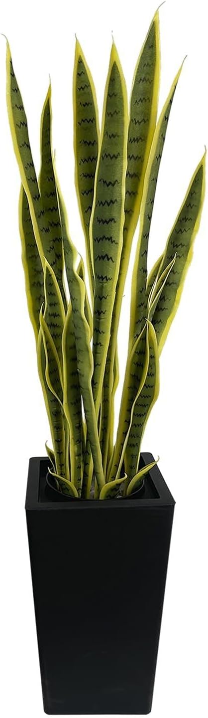 4FT Artificial Snake Plant with Tall Planter, 24 PVC Lifelike Leaves, 48in Faux Sansevieria for Indoor Home & Garden Decor, Potted Mother-in-Law's Tongue Plants, Yellow