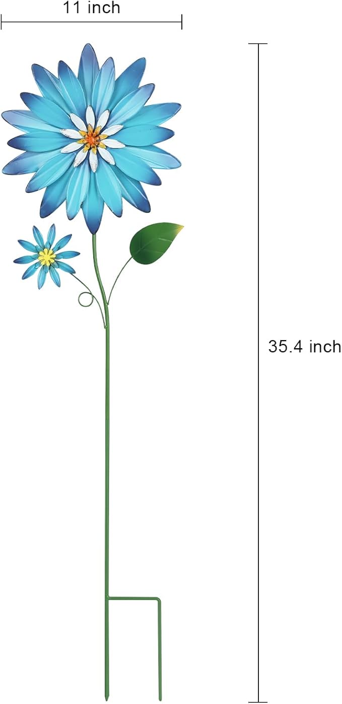 YEAHOME Garden Decor for Outside, 35.4“ Set of 2 Metal Flowers Decorative Garden Stakes for Spring Decor, Yard Art Flower Stakes for Outdoor Lawn Backyard Porch Garden Decorations (Yellow, Blue)