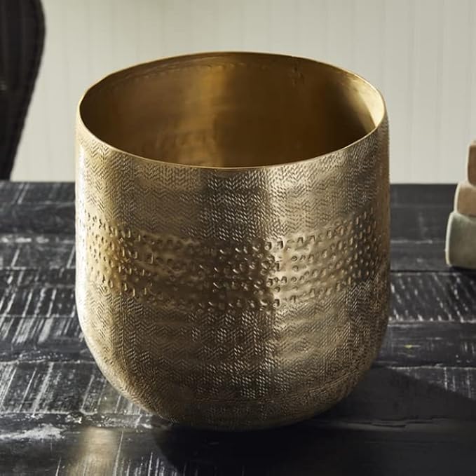 MY SWANKY HOME Elegant Classic Embossed Metal Gold Cachepot Planter Hammered Textured Round 10.5 in Indoor