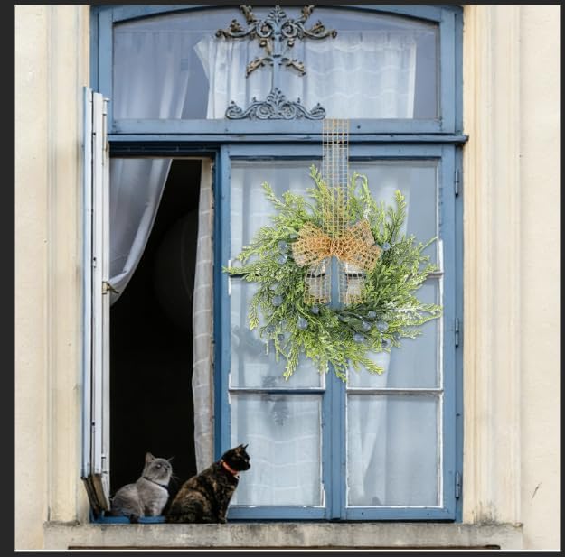 6 PCS Small Winter Blue Berry Cabinet Wreath Artificial Mini Kitchen Wreaths Vintage Swags Wreath with Retro Burlap Ribbon for Farmhouse Rustic Home Front Door Window Pillar Wedding Chair Wall