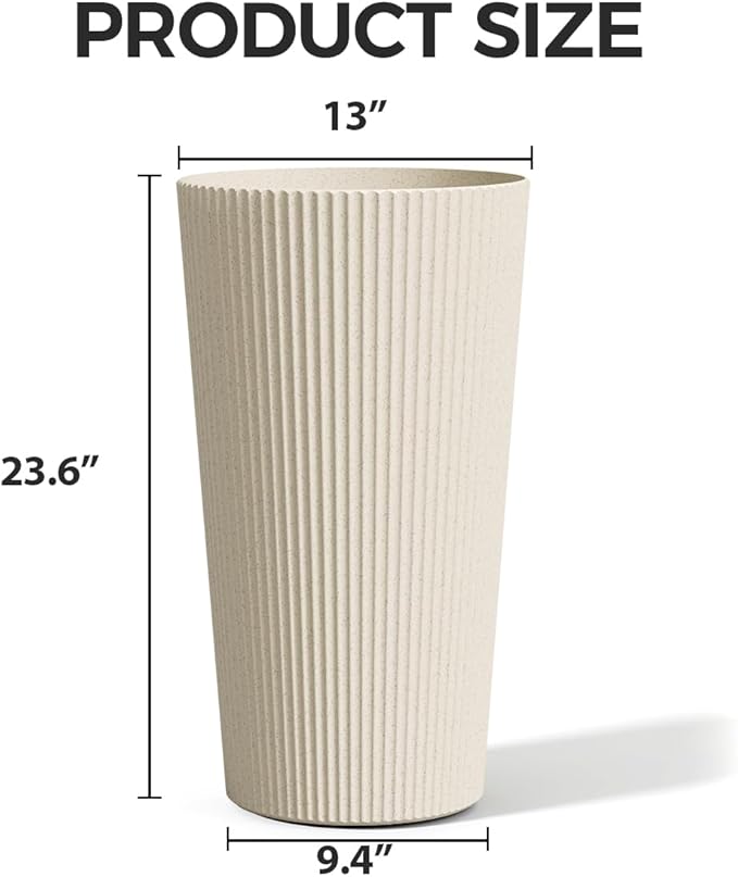 Diyfire Tall Outdoor Planter Set of 2-23.6" Large Striped Plastic Flower Pots, Decorative Indoor/Outdoor Planters for Porch, Patio, Balcony & Garden, Cream
