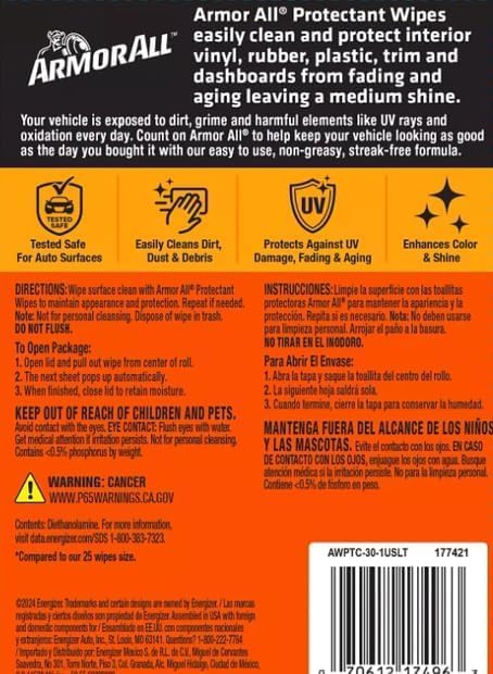 Armor All Original Protectant Wipes,Car Interior Cleaner Wipes with UV Protection to Fight Cracking & Fading,30 Count (Pack of 4)