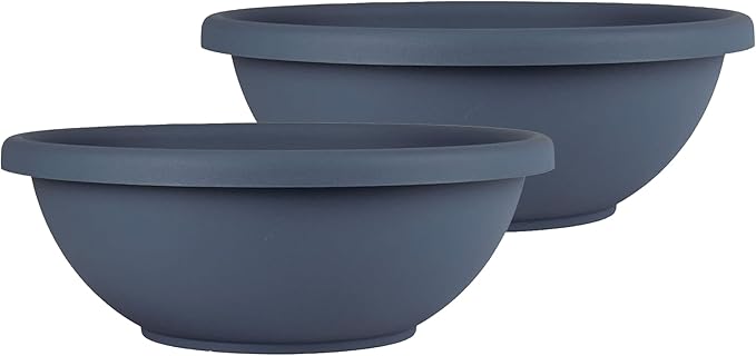 The HC Companies 24 Inch Shallow Garden Bowl Plant Pot with Drainage, Lightweight UV-Resistant Plastic Planters for Succulents, Herbs & More, 2-Pack Planters for Indoor Outdoor Home Decor, Slate Blue