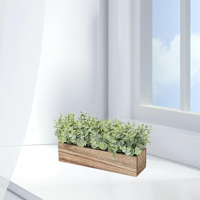 Artificial Eucalyptus Potted Plants Fake Potted Plants Rectangular Wooden Planter Box Artificial Eucalyptus Leaves for Suit Office Party Table Indoor and Outdoor Decor