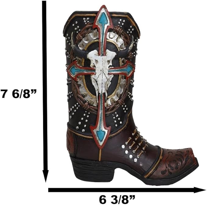 Ebros Gift Rustic Country Western Cow Skull Turquoise Cross and Barbed Wires Faux Tooled Leather Cowboy Boot Decorative Flower Vase Or Planter Figurine