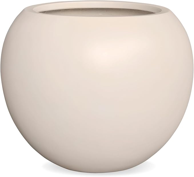 KUTE NEST 16”H x 20”D Globo Fiberstone Round Planter with Drainage Hole, Smooth Finishes, Weather Resistant for Indoor and Outdoor Use, Included 2 Extra Coco Mats (Kilim Beige, 13.5” Pot Opening)