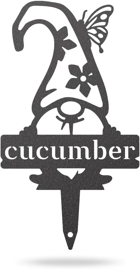 RealSteel Brand, Gnome Plant Markers for Outdoors, Garden Labels Metal Stake, Plant Tags, Garden Sign for Vegetables, Outdoor Decorations, Yard and Gardening Gift - Cucumber
