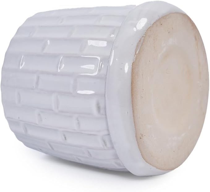 Ceramic Plant Pots, 7 + 5 Inch, Set of 2 Flower Pots with Drain Hole and Saucers, Bamboo Pattern Planter for Plants Orchids Succulents Indoor/Outdoor, Plant Gifts - White