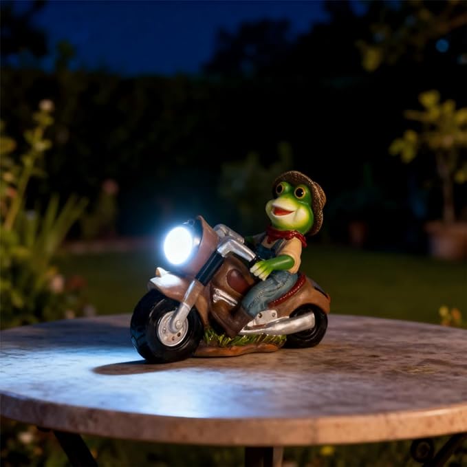 Solar Frog Motorcycle Statue Light-Outdoor Garden Decor Figurine with LED Headlight,-Resin Frog Riding Motorbike Ornament for Patio, Yard, Lawn, Pathway- Unique Housewarming Gift