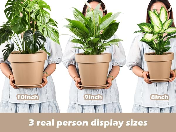 RooTrimmer 3-Pack 8/9/10 Inch Plastic Plant Pots with Saucers – Durable BPA-Free Planters with 21 Drainage Holes, Bottom Watering Design for Indoor & Outdoor Use, Succulents, Herbs, Flowers – Khaki