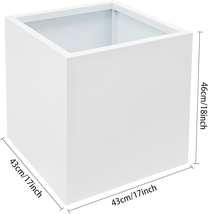 20 & 24 &17 Inch Square Steel Planter Box with Drainage - Modern Tall Cube Planters for Indoor & Outdoor Use,Large Contemporary Flower Pot for Patio, Garden, Deck & Houseplants (White, 17Inch)