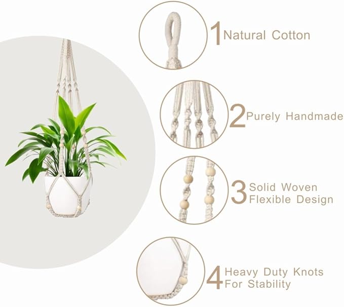 MDKFKDK 3 Pack Macrame Plant Hanger,Hanging Plant Holder, Boho Home Decor Hanging Basket with Wood Beads,Hanging Planters for Indoor Plants,Plant Hanger Indoor 35"/29"/23" Ivory (POTS NOT Included)