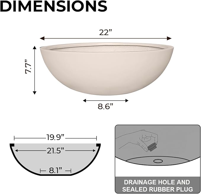 KUTE NEST 7.7" H x 22" D Round Bowl Fiberstone Planter for Succulent and Lotus with Drainage Hole, Smooth Finishes, Weather Resistant, Included 2 Extra Coco Mats (Kilim Beige, 19.9" Pot Opening)