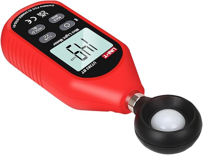 UNI-T Light Meter UT383BT Lux Meter Lumens Digital Illuminance Meter 0~199900 Lux (0~18500 FC) Foot Candles Luxmeter for Film Photography Plants Photometer Lighting Intensity Brightness Measurement