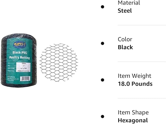 PVC Hexagonal Poultry Netting Chicken Wire 12" x150' x 1" Mesh 20GA Black