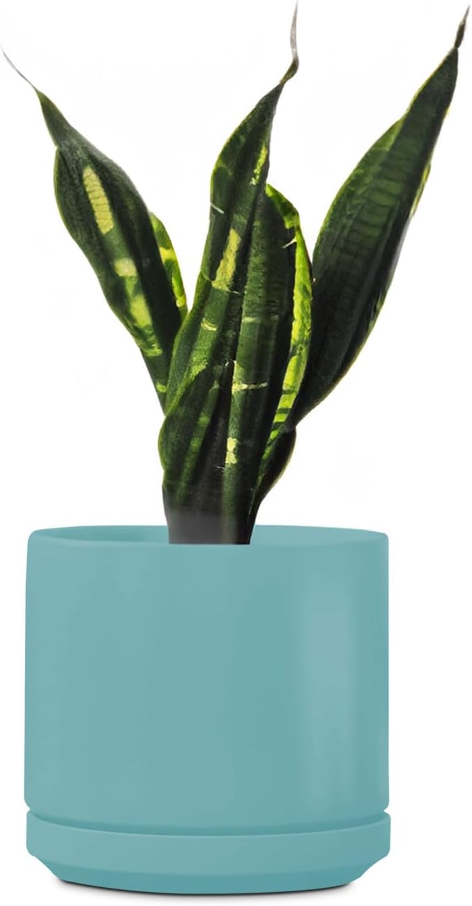 PLANTATOREM Ceramic 14 Inch Mid Modern Planter Pot with Drainage Hole and Saucer, Indoor Cylinder Round Flower Pot, Perfect for Planting Succulents, Herbs, Flowers, House Plants, Aqua Marine Satin