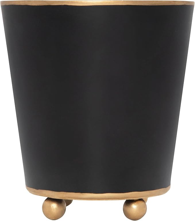 Jaye's Studio Mattie Black, Decorative Round Cachepot & Planter, Matte Black, Gold Trim & Finish, Hand-Painted, Handcrafted Metal, Luxury Indoor Planter, Size 4"