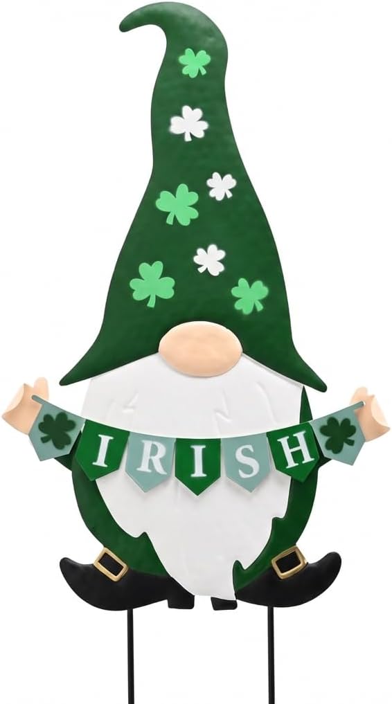 TERESA'S COLLECTIONS St. Patricks Decorations Outdoor for Home, Metal Garden Gnomes Decor Yard Stakes, Green Garden Stakes Gifts for Party, Saint Patricks Yard Signs for Outside Lawn Porch Patio, 27"