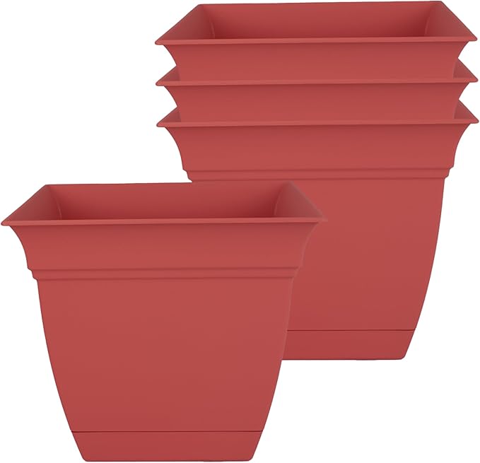 The HC Companies 8 Inch Eclipse Square Planter Pots with Drainage Holes & Attached Saucer, Lightweight UV-Resistant Plastic Indoor Outdoor Planters, 4-Pack Flower Pots for Garden & Home Decor, Rose
