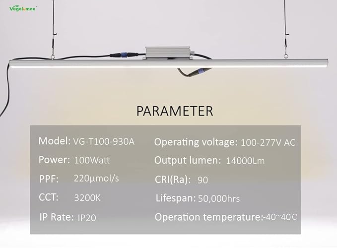 Vegelumax100Watt LED Grow Light Lamp for Indoor Plant Vege Flower Herb Growth,Full Spectrum CRI 90+ High Output White Light CCT 3200K,Isolated Dimming Driver with On/Off Switch,4Feet