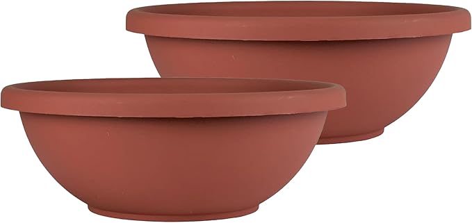 The HC Companies 24 Inch Shallow Garden Bowl Plant Pot with Drainage, Lightweight UV-Resistant Plastic Planters for Succulents, Herbs & More, 2-Pack Planters for Indoor Outdoor Home Decor, Clay