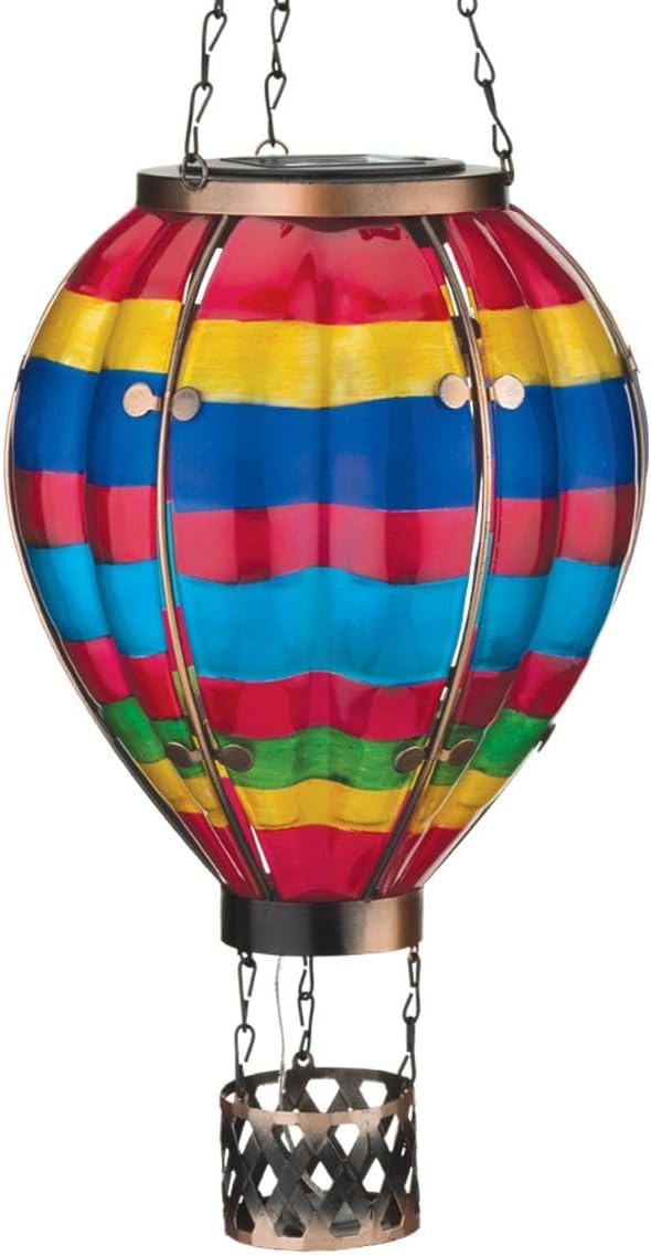 Regal Art & Gift Hot Air Balloon Solar Lantern – Hanging Solar-Powered LED Lights, Waterproof Portable Decorative Outdoor Lamp Made of Metal & Glass for Garden, Patios & Pathway – Multi Stripe(Large)