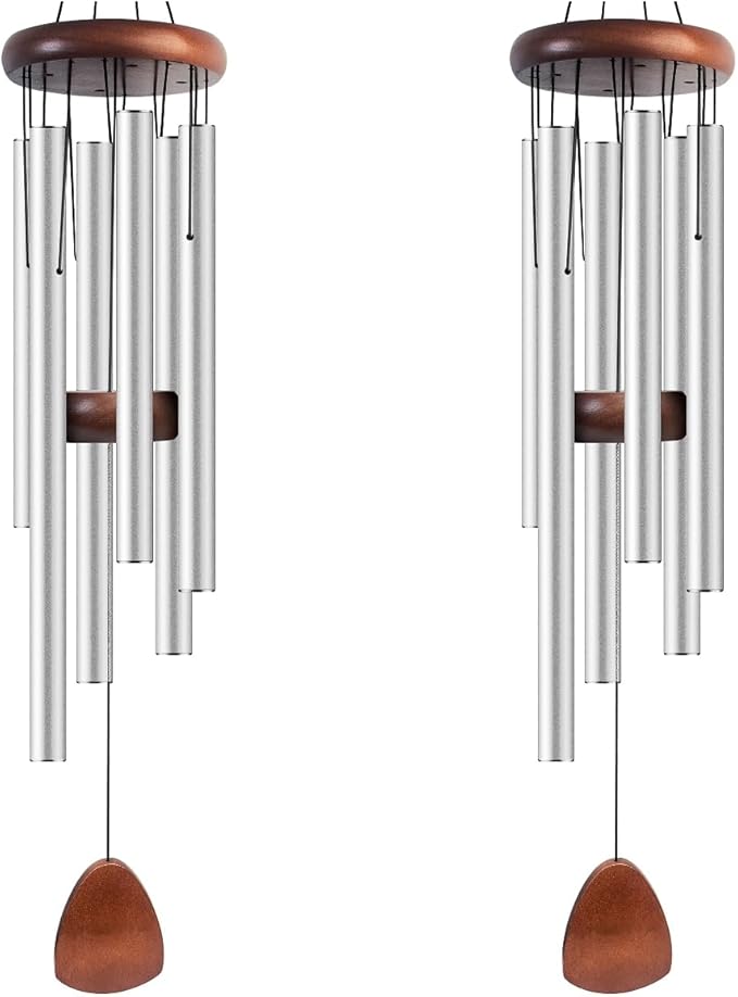 Bursvik Large Aluminium Wind Chimes 37 Inches to Create a Zen Atmosphere Suitable for Outdoor, Garden, Patio Decoration Classic Chimes with Wind Catcher Suitable as A Gift for Unisex Silver 2 Pack