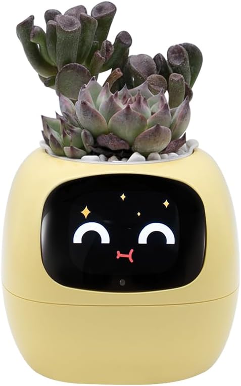 Odpaltoy Smart Plant Pot with Expression, AI Intelligent Flower Pot for Indoor Decoration, Smart Garden Pot with Water/Light/Temperature Sensors, Ivy AI Planter ((Yellow)