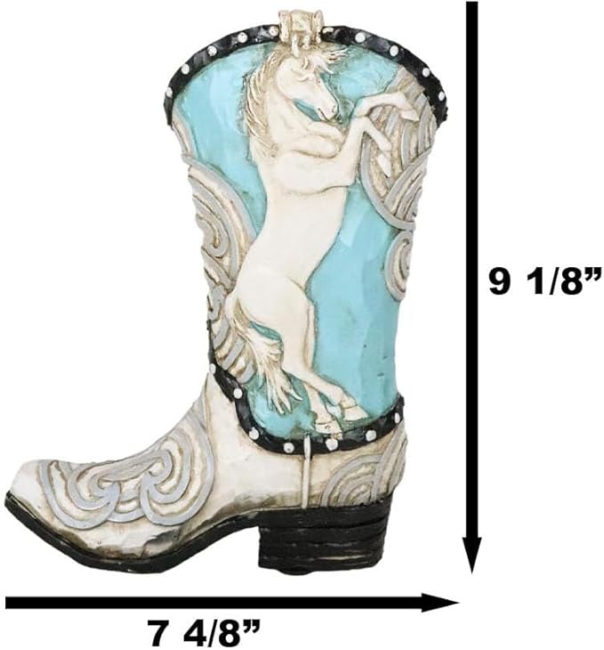 Ebros Gift Rustic Western Colorful Faux Tooled Leather Aqua Blue and White Prancing Horse Cowboy Cowgirl Boot Decorative Figurine Or Floral Vase Planter Table Shelf Countertop Accent