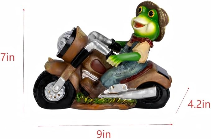 Solar Frog Motorcycle Statue Light-Outdoor Garden Decor Figurine with LED Headlight,-Resin Frog Riding Motorbike Ornament for Patio, Yard, Lawn, Pathway- Unique Housewarming Gift
