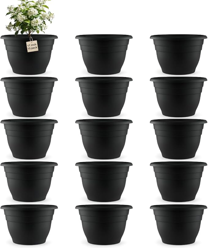 RooTrimmer 15 Pack 11 Inch Plant Pots with Drainage Holes,Black Plastic Flower Pots with Hanging Holes,Durable Planters for Indoor & Outdoor Plants,Nursery Pots