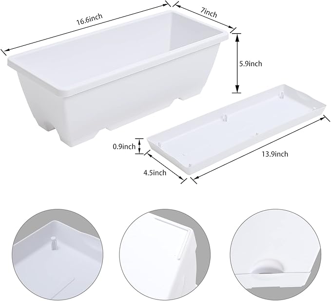 CHUKEMAOYI Window Box Planter, 7 Pack Plastic Vegetable Flower Planters Boxes 17 Inches Rectangular Flower Pots with Saucers for Indoor Outdoor Garden, Patio, Home Decor (White)