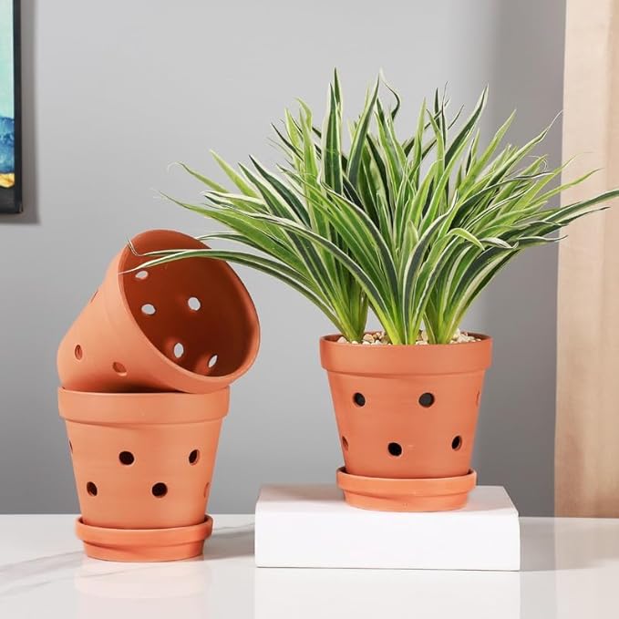 Yishang 6 Inch Clay Orchid Pots With Drainage Holes & Saucers - 6 Pack Large Terracotta Planters for Repotting, Indoor & Outdoor Plant Flowers, Promotes Air Circulation