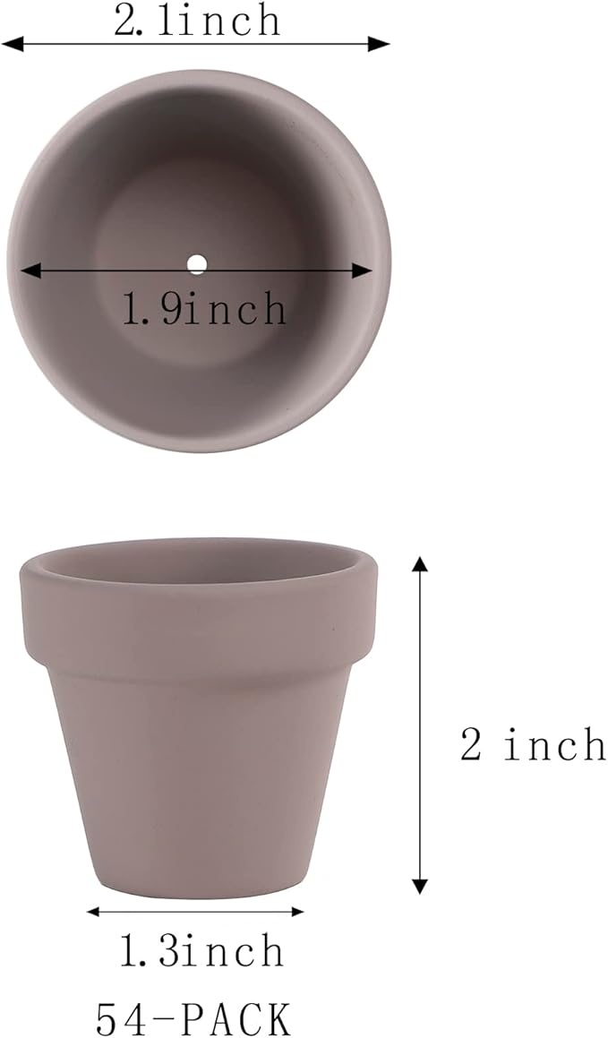 Fcacti 54 Pcs Small Mini Grey Clay Pots 2.1'' Terracotta Pot Clay Ceramic Pottery Planter Cactus Flower Pots Succulent Nursery Pots- Great for Window Boxes, Cactus, Plants, Crafts, Wedding Favors