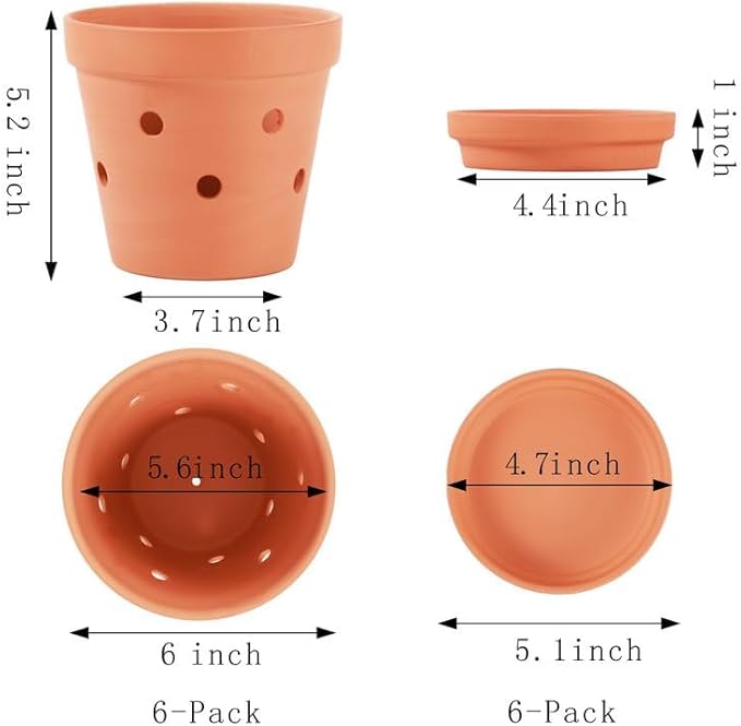 Yishang 6 Inch Clay Orchid Pots With Drainage Holes & Saucers - 6 Pack Large Terracotta Planters for Repotting, Indoor & Outdoor Plant Flowers, Promotes Air Circulation