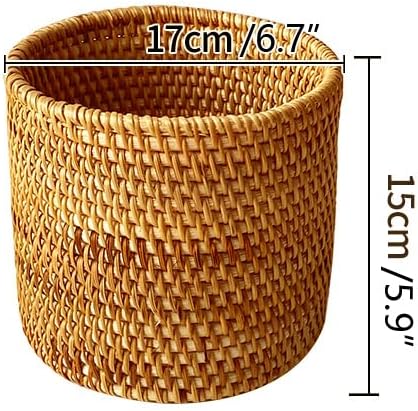 I-LAN Table Wicker Mini Trash Cans,Boho Rattan Desktop Storage Bin,Rattan Cutlery Container Holder,Home Decor Flower Pot Cover for Indoor Planter,6.7"x6.7"x6"