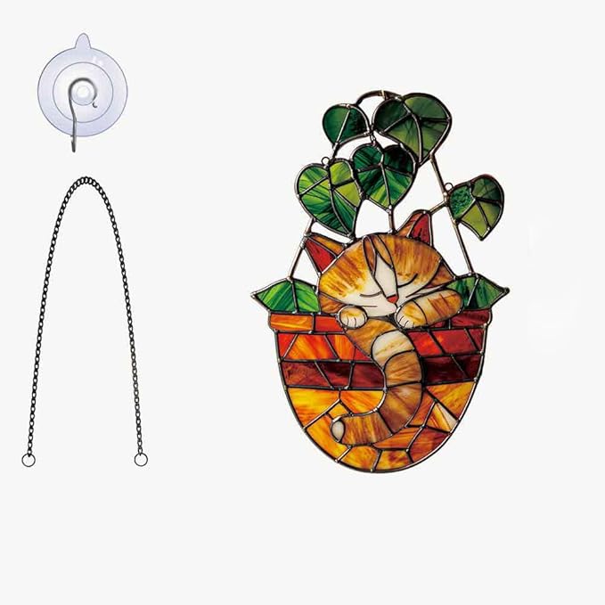 Acrylic Hanging Cat in Flowerpot for Window Doors Home Decoration，Sun Catchers for Windows Hanging，Valentine's Day Mother's Day Birthday Gifts (TYU737)
