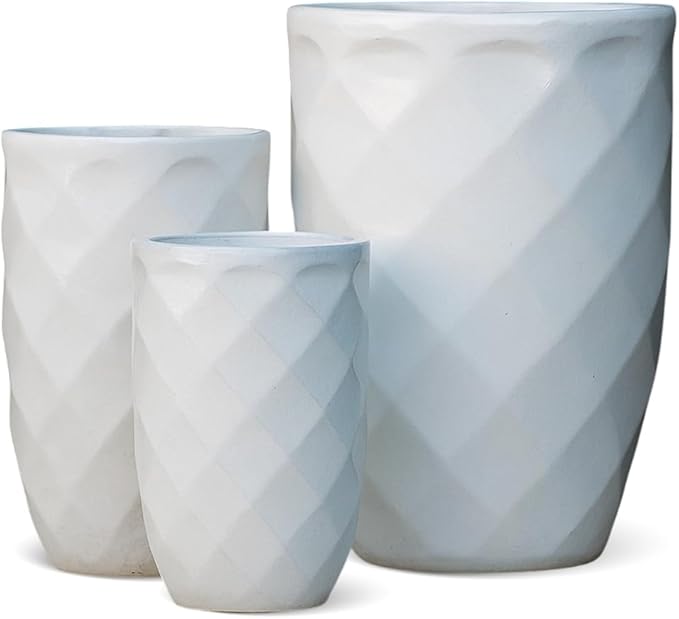 PLANTATOREM Medium High Diamond Ceramic Planter Set of 3 - Elegant Design, White Finish, 18 D x 26 H, Suitable for Indoors and Outdoors, Featuring Drainage Holes and Drip Pan