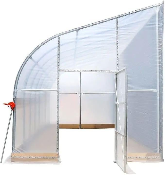 10x30ft Lean-to Grow Frame 6mil EVA Transparent Film Cover Corrosion-Free Steel Body with Manual Roll-Up Side 6ft High Wall Cold-Resistant Growing Unit