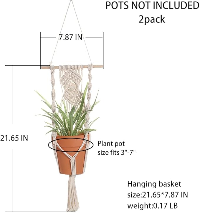 Artilady Boho Macrame Plant Hangers - Handmade Hemp Rope Hanging Baskets for Plants with Ceiling Hooks, Bohemian Home Decor Wall Art (White Wood Hanger)