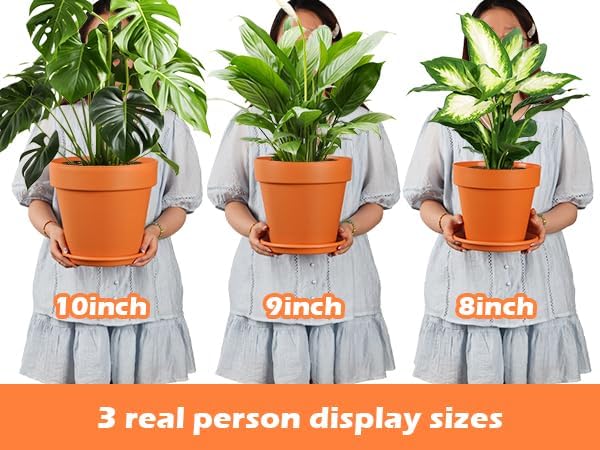 RooTrimmer 3-Pack 8/9/10 Inch Plastic Plant Pots with Saucers – Durable BPA-Free Planters with 21 Drainage Holes, Raised Bottom Breath and Bottom Watering Design for Indoor & Outdoor – Orange