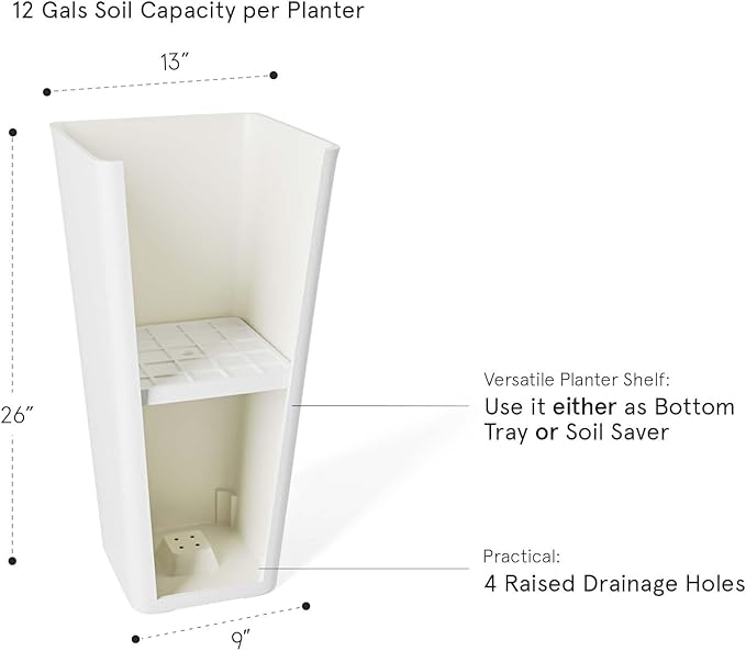 LA JOLIE MUSE 26 inch White Tall Planters for Outdoor & Indoor Plants, Set of 2 Rectangular Standing Planters with Drainage Holes and Tray