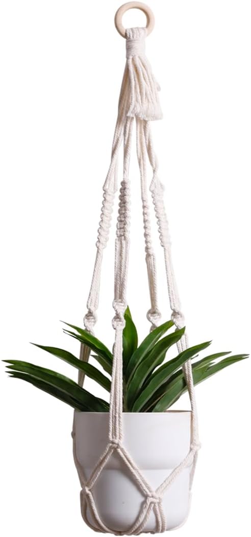 Artilady Plant Hanger Indoor Macrame Hanging Planters for Plants Holder Boho White Basket No Tassels Farmhouse Rustic Window Wall Decor (White Planter)