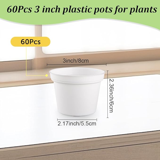 RooTrimmer 60 Pack 3 Inch White Nursery Pots - Plastic Seedling, Seed Starter, Germination Pots with Drainage for Plants, Succulents, Flowers, Transplanting Gardening Gifts