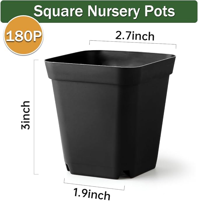 BTPLASTIK Square Nursery Pots 2.7 Inch 180 Pcs, Plastic Seed Starting Pot with Drainage Holes, Sturdy Seedling pots for Planting, Cuttings (Black)