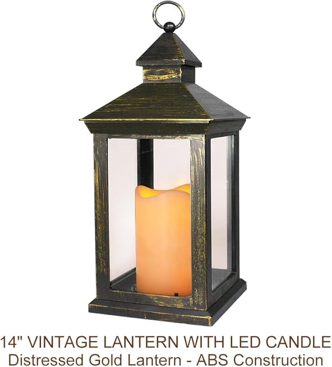 Bright Zeal 14" Tall Vintage Decorative Lantern with LED Pillar Candle (Distressed Gold) - Outdoor Lights Decorative Hanging - Battery Lantern with Timer - Vintage Candle Light