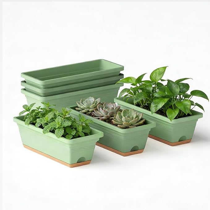 Window Box Planter, 6 Pack Plastic Vegetable Flower Window Planters Boxes 16 Inches Rectangular Flower Pots with Drainage Holes and Saucers (Green)