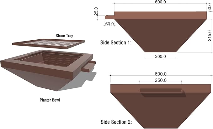 PONDO 24" Square Garden Water Bowl, Stainless Steel Spilling Water Feature for Outdoor Ponds, and Other Landscaped Areas (Antique Brown Coated)